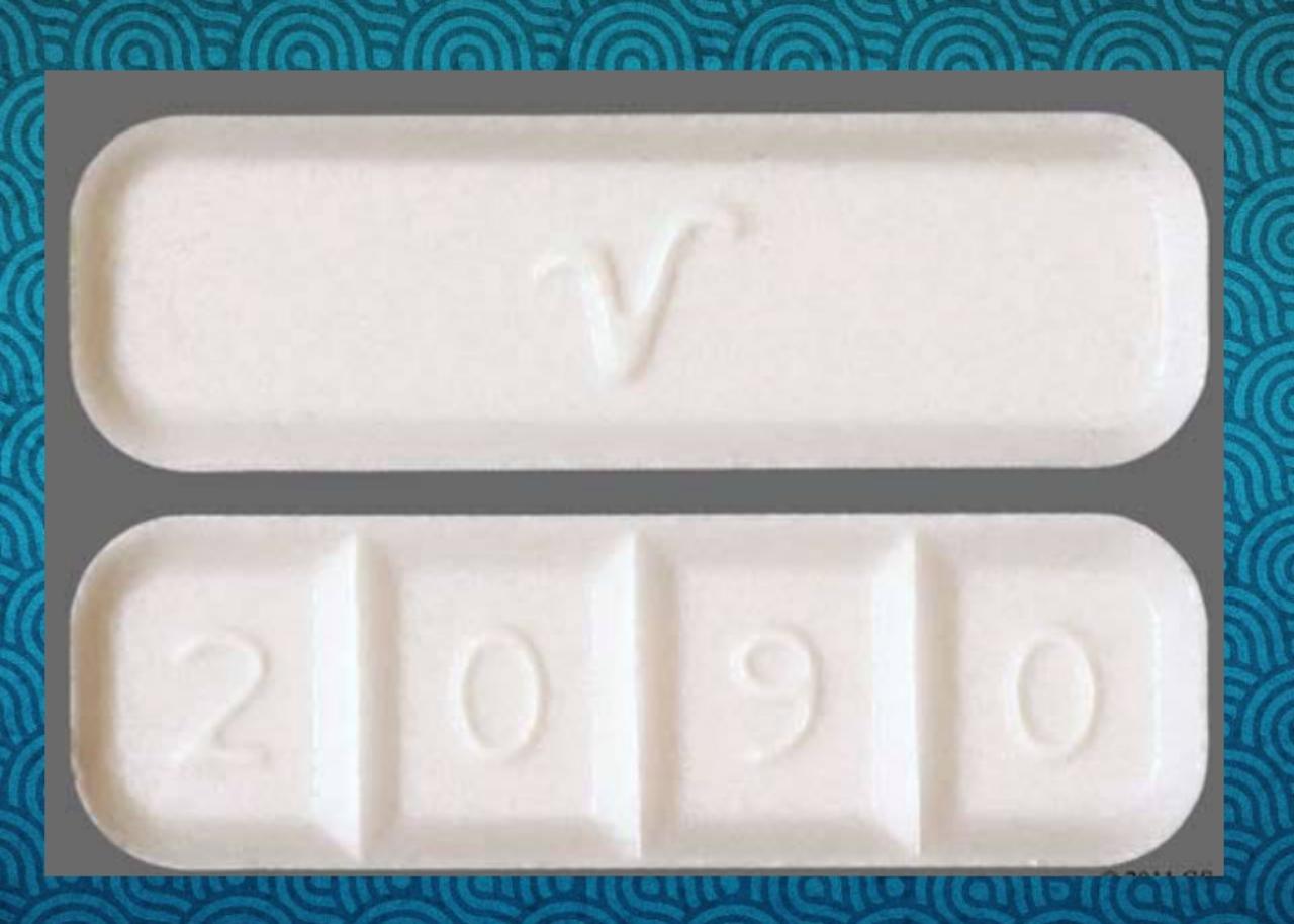 The white rectangular pill with imprint 2 0 9 0 V has been identified as Al...